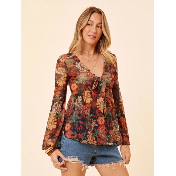 Sheer Mesh Bohemian Floral Flared V-Neck Shirt Long Bell Sleeve - Picture 10 of 13